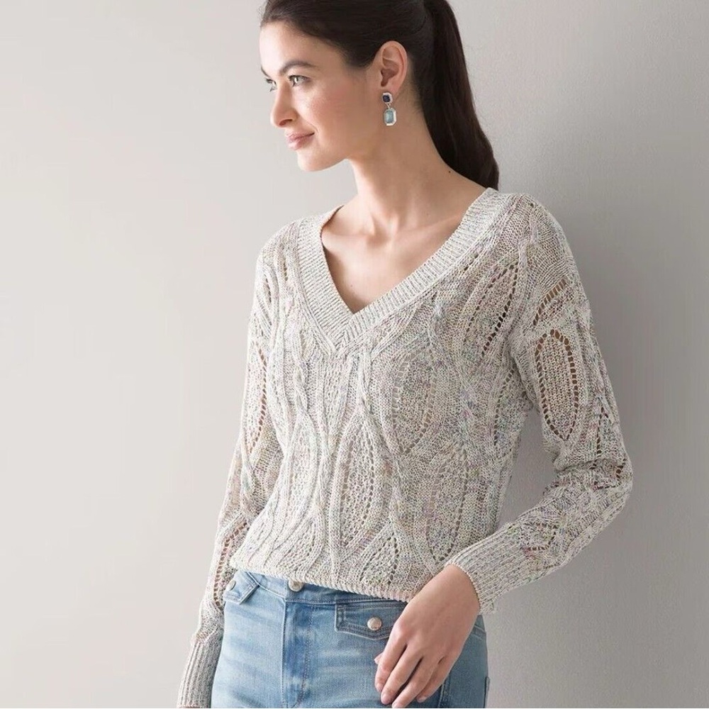 White House Black Market Cream Multi-Color V-Neck Cable Knit Sweater